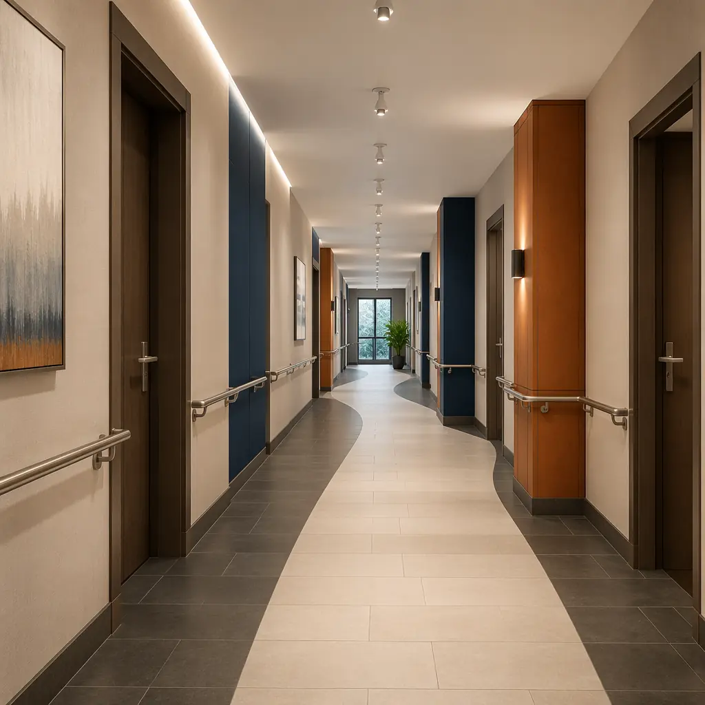 Wide accessible corridor in modern modular building, 48-inch clear width with continuous handrails on both sides, contrasting floor tile pattern for visual wayfinding, LED strip lighting along baseboard, open doorways with 36-inch clear opening, bright modern interior with navy accent walls and warm wood tones, universal design aesthetic