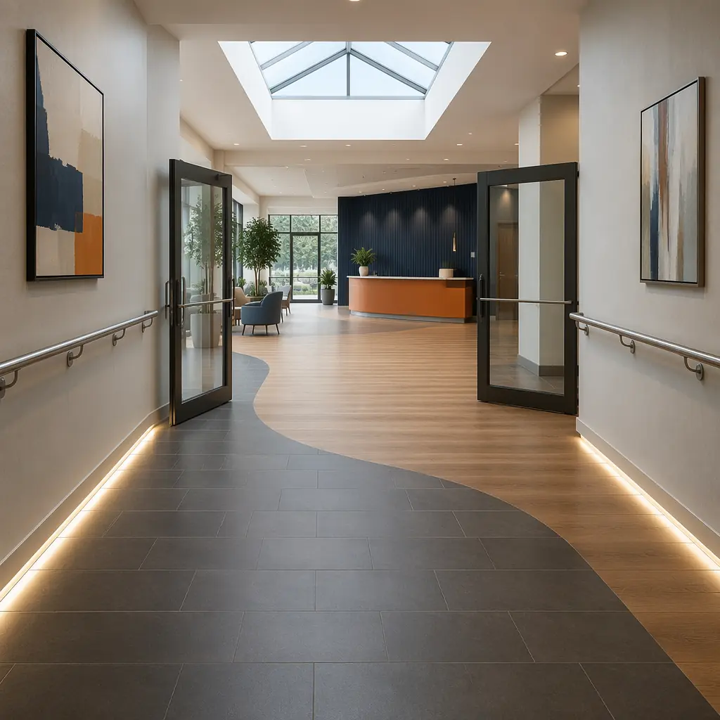 Modern modular building entrance with wide automatic sliding doors, level-entry threshold, tactile warning strips integrated into polished concrete floor, brushed steel handrail along ramp with continuous gripping surface, clean architectural lines, navy blue and warm steel orange accents, bright natural daylight, accessible universal design