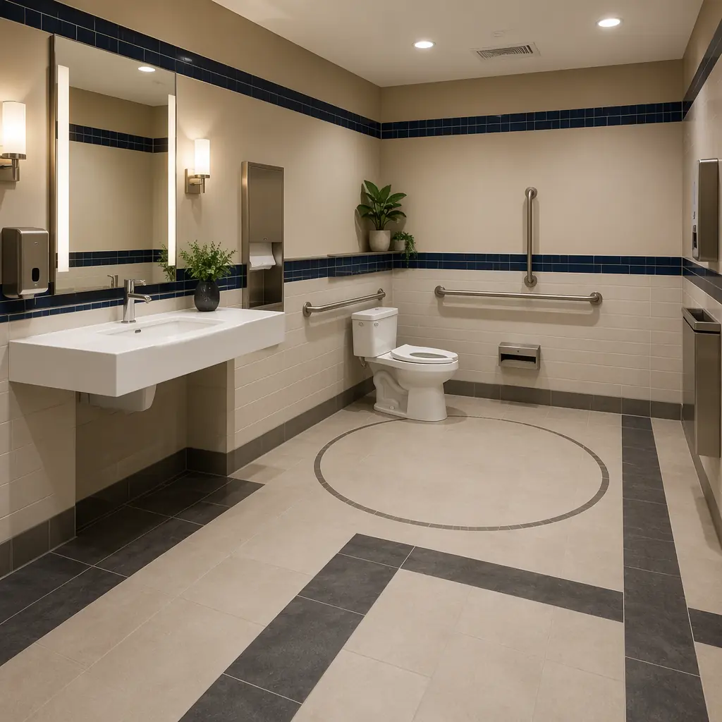Spacious ADA-compliant modular restroom interior with wide clear floor space, wall-mounted sink with knee clearance, grab bars positioned at correct height, accessible toilet with 60-inch turning circle, contrasting floor tile strips for visual wayfinding, warm modern lighting, clean contemporary design with navy accent wall and warm wood-look flooring