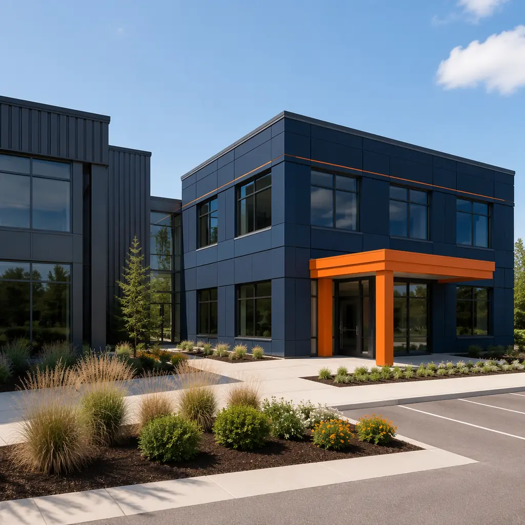 Completed modular building addition seamlessly connected to existing commercial building, modern architectural design with clean geometric facade, factory-assembled module grid pattern visible on new wing, existing building visible on left with matching architectural language, landscaped connection between old and new structures, dark navy exterior with warm steel orange brand accent details on building entrance, professional architectural photography
