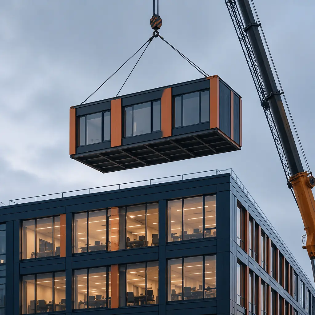 Crane lifting prefabricated modular building addition unit onto existing commercial building structure, completed factory-assembled module with pre-installed windows and facade being positioned, existing building remains fully operational below, modern architectural addition with clean geometric facade matching original building, construction site with minimal disruption to occupied spaces, dark navy and warm steel orange accent details