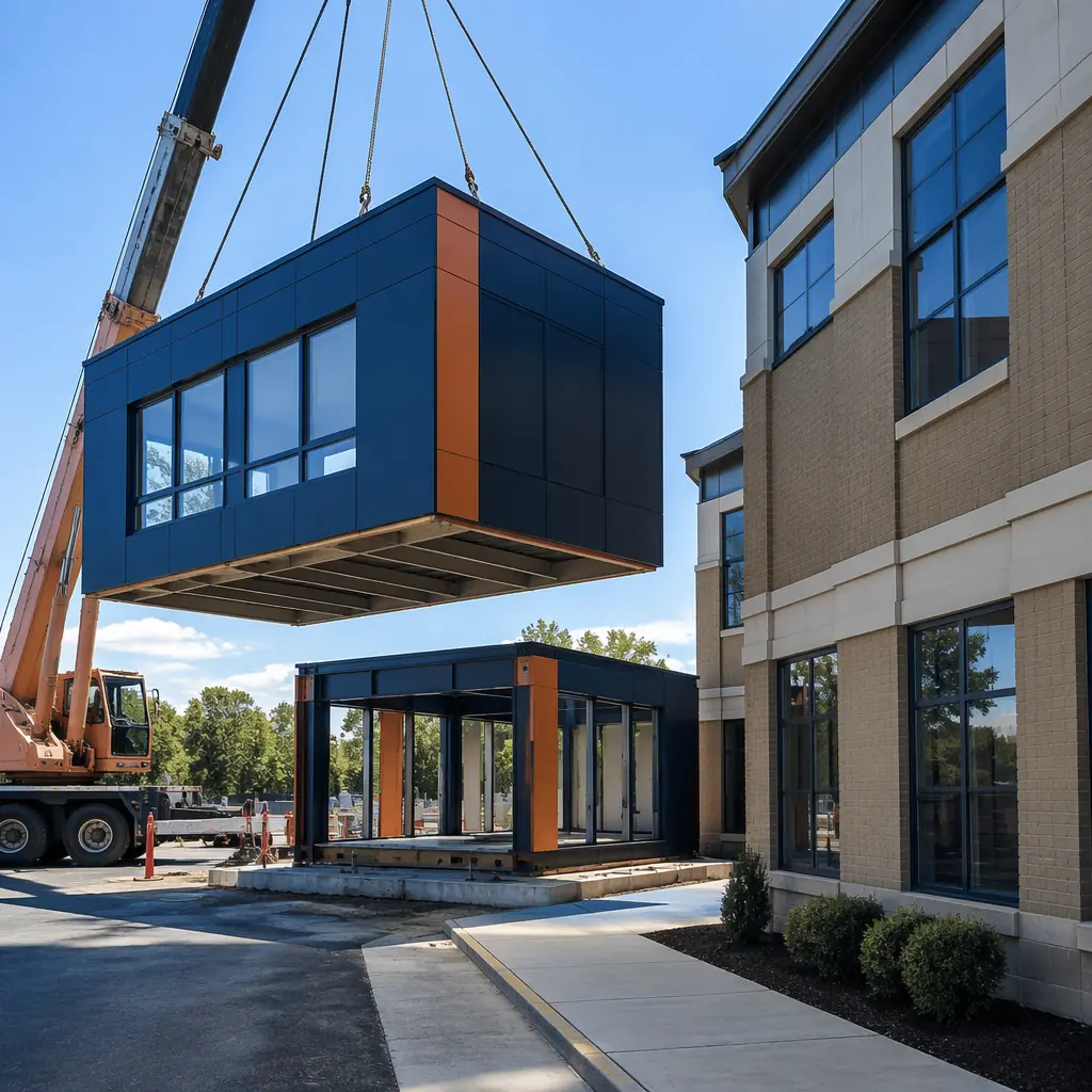 Construction site of modular building addition, prefabricated module being craned onto prepared foundation beside existing operational building, existing building facade visible on right with no construction disruption, completed module with pre-installed windows and exterior cladding, minimal construction site footprint with just-in-time module delivery, modern commercial architecture, dark navy modular steel frame with warm steel orange accent details on module exterior