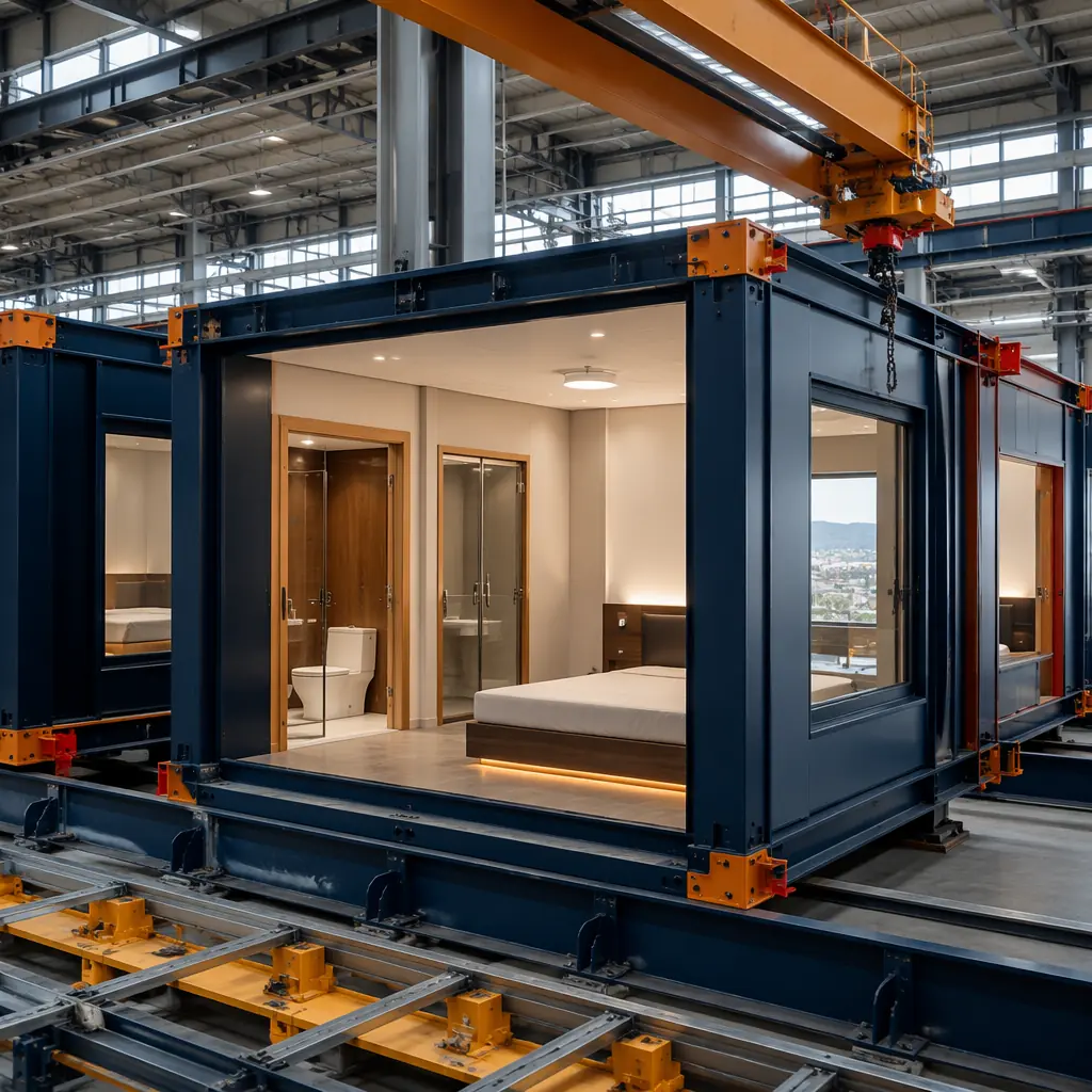 Factory assembly of modular building addition units designed for vertical overbuild expansion, prefabricated steel frame modules being assembled on production line, modules with pre-installed MEP systems and interior finishes for hotel room expansion, factory workers inspecting completed module before transport to existing building site, clean modern factory environment with overhead cranes, dark navy steel frame modules with warm steel orange accent details