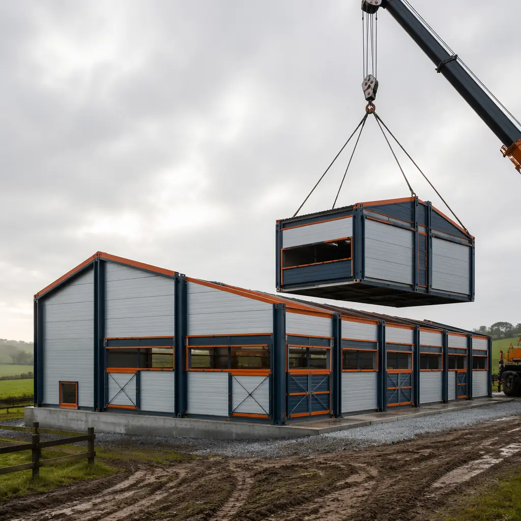 Steel-framed modular livestock barn exterior, clean geometric lines showing module seams, prefabricated wall panels, rural farmland setting, crane positioning module unit