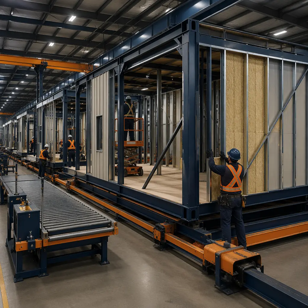 Factory floor of modular prefabricated construction facility, steel-framed agricultural building modules being assembled on production line, wall panels with insulation visible, quality control inspection station
