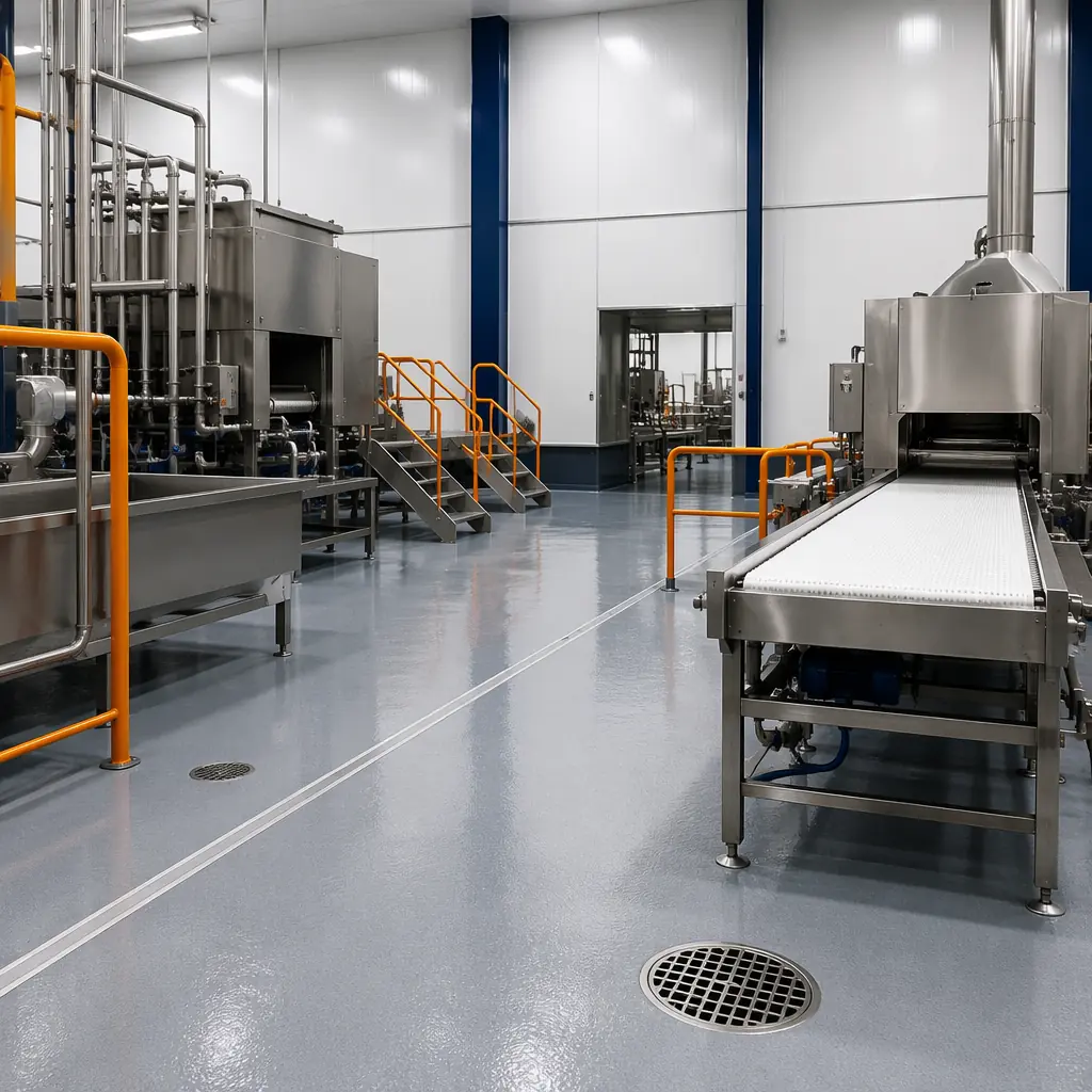 Interior of modular food processing facility, stainless steel equipment installed, factory-finished FRP wall panels with cove base, NSF-certified floor drains, hygienic zoning visible through module junctions