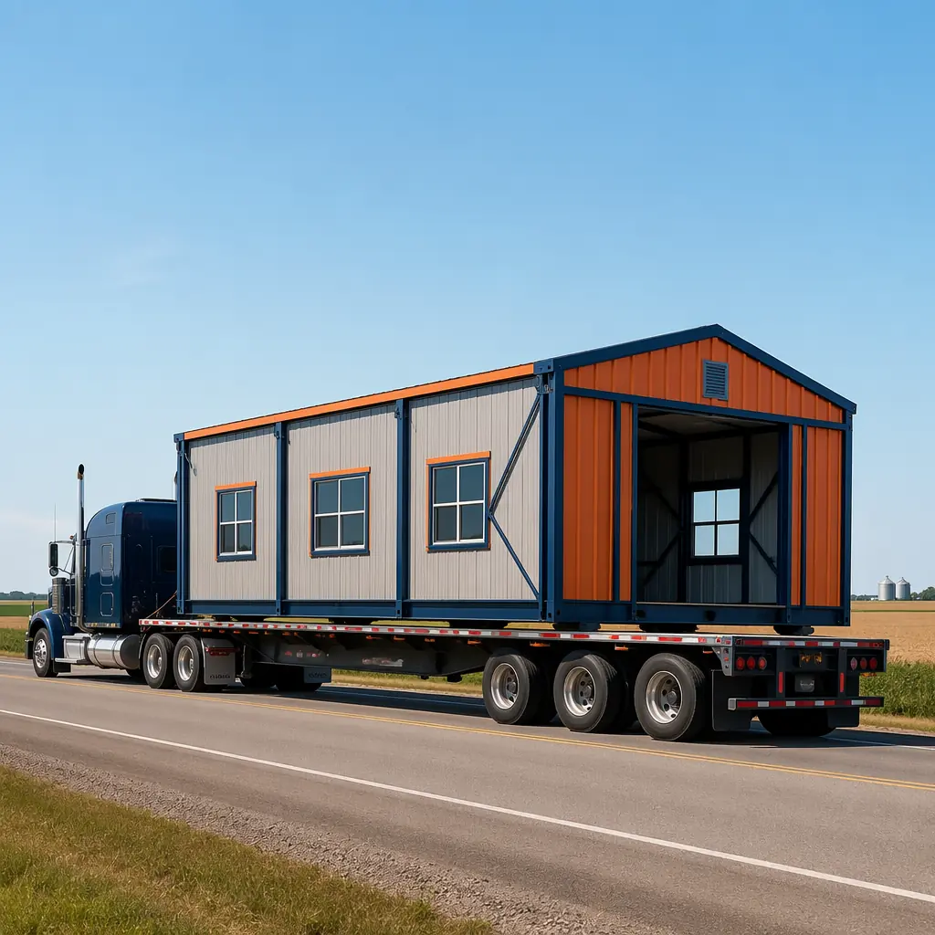 Flatbed truck transporting prefabricated modular agricultural building unit on highway, steel frame module with factory-installed wall panels and windows visible, rural landscape background