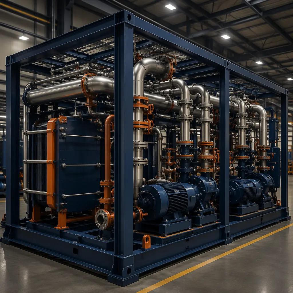 Modular cooling plant for AI data center, factory-built skid with pumps, heat exchangers, and pipe headers, direct-to-chip liquid cooling infrastructure, industrial equipment on prefabricated steel base frame, connected piping systems