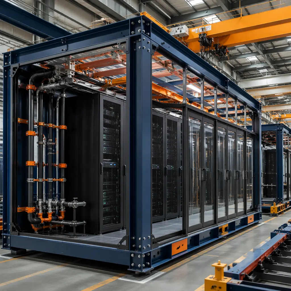 Factory interior showing modular data hall assembly, steel frame module with pre-installed server racks and cooling infrastructure, busway power distribution visible overhead, cold aisle containment structure with clear panels, factory workers completing final connections