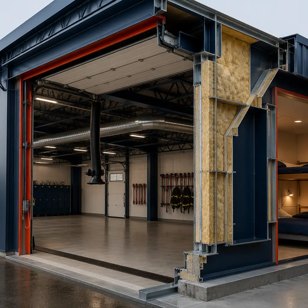 Photorealistic 3D cross-section render of modular EMS station apparatus bay wall assembly, clear-span steel truss roof structure with pre-installed vehicle exhaust extraction ductwork, overhead door assembly with factory-installed opener mechanism and emergency release, bay floor with 0.5% slope toward trench drain, separated crew quarters wall assembly with STC 50 acoustic isolation batt insulation between sleeping room and bay, dark navy structural steel with warm steel orange accent on door frames