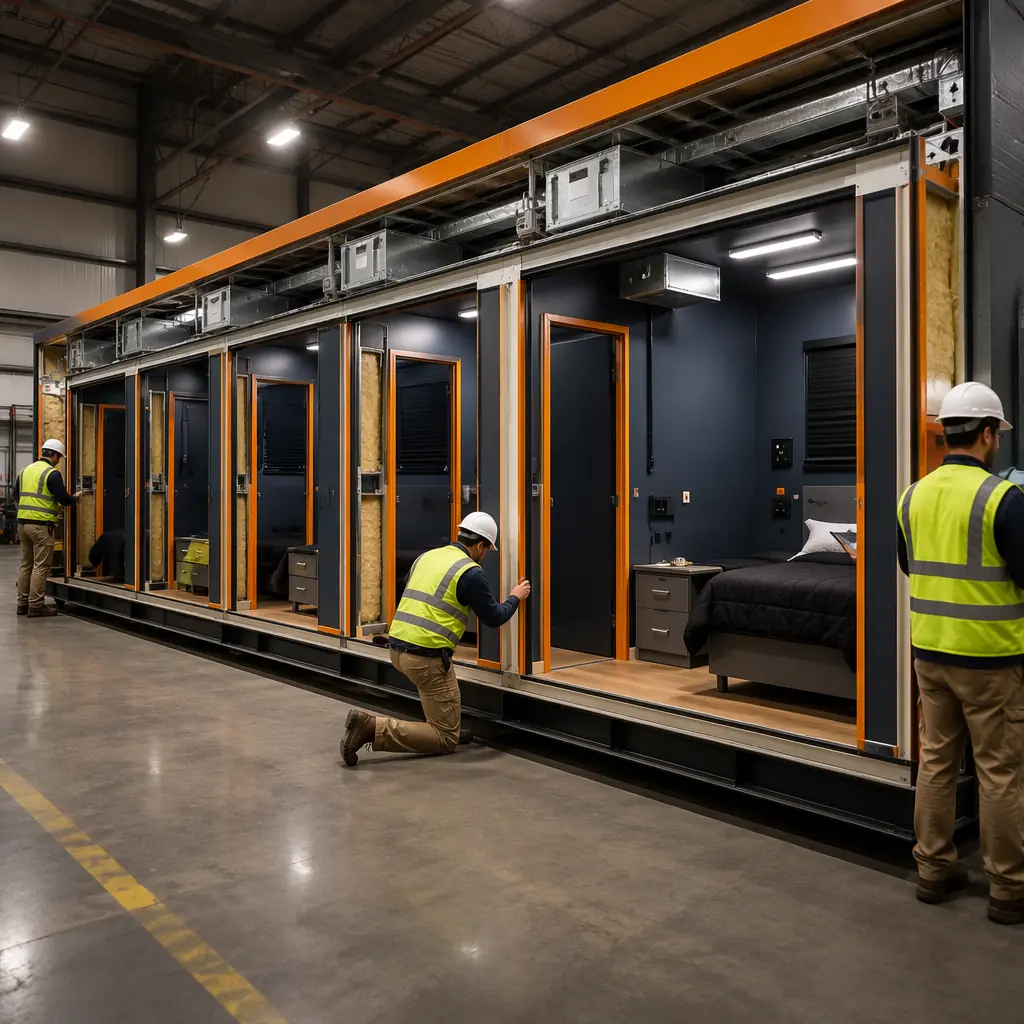 Factory floor of modular prefabricated construction facility, partially completed EMS station crew quarters module with individual sleeping rooms, factory-installed acoustic wall assemblies with STC 50 mineral wool insulation between rooms, independent HVAC zone units with ductwork above each room, pre-wired environmental control panels at each bed position, blackout window coverings installed, dark navy wall panels with warm steel orange accent on door frames and trim, workers performing final quality inspection