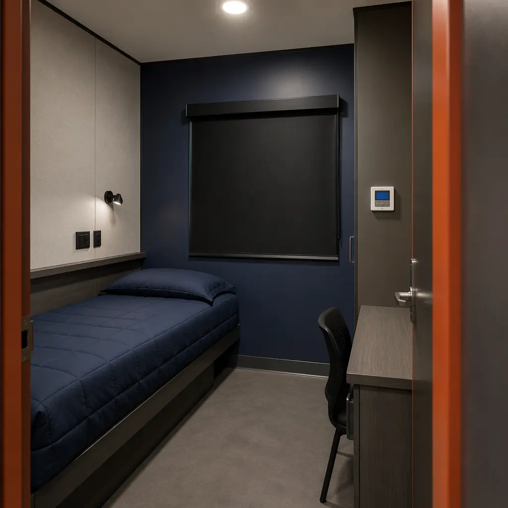 Factory-completed interior of modular EMS crew quarters module, individual sleeping room with blackout window covering, independent HVAC control panel with digital thermostat, acoustic wall assembly with sound-dampening surface treatment, pre-installed data and power outlets at bed position, module seam visible at wall corner junction, dark navy accent wall with warm steel orange trim on door frame, clean professional emergency services facility aesthetic