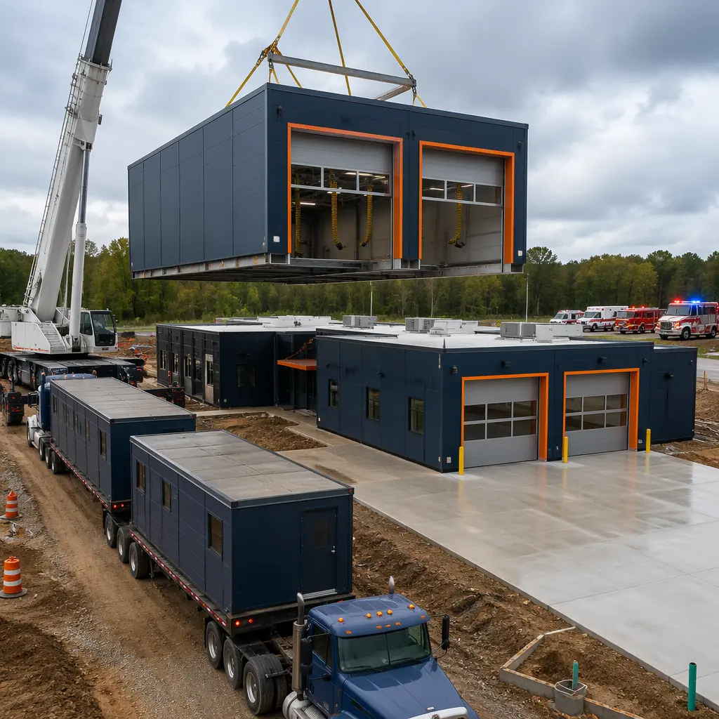 Construction site of modular EMS ambulance station, crane lifting completed drive-through apparatus bay module with pre-installed overhead doors and vehicle exhaust extraction ductwork visible, flatbed trucks delivering crew quarters modules, already-set modules with module seams visible forming station footprint, concrete approach apron completed, dark navy structural steel with warm steel orange accents on bay door frames, emergency response vehicles visible at adjacent temporary station location