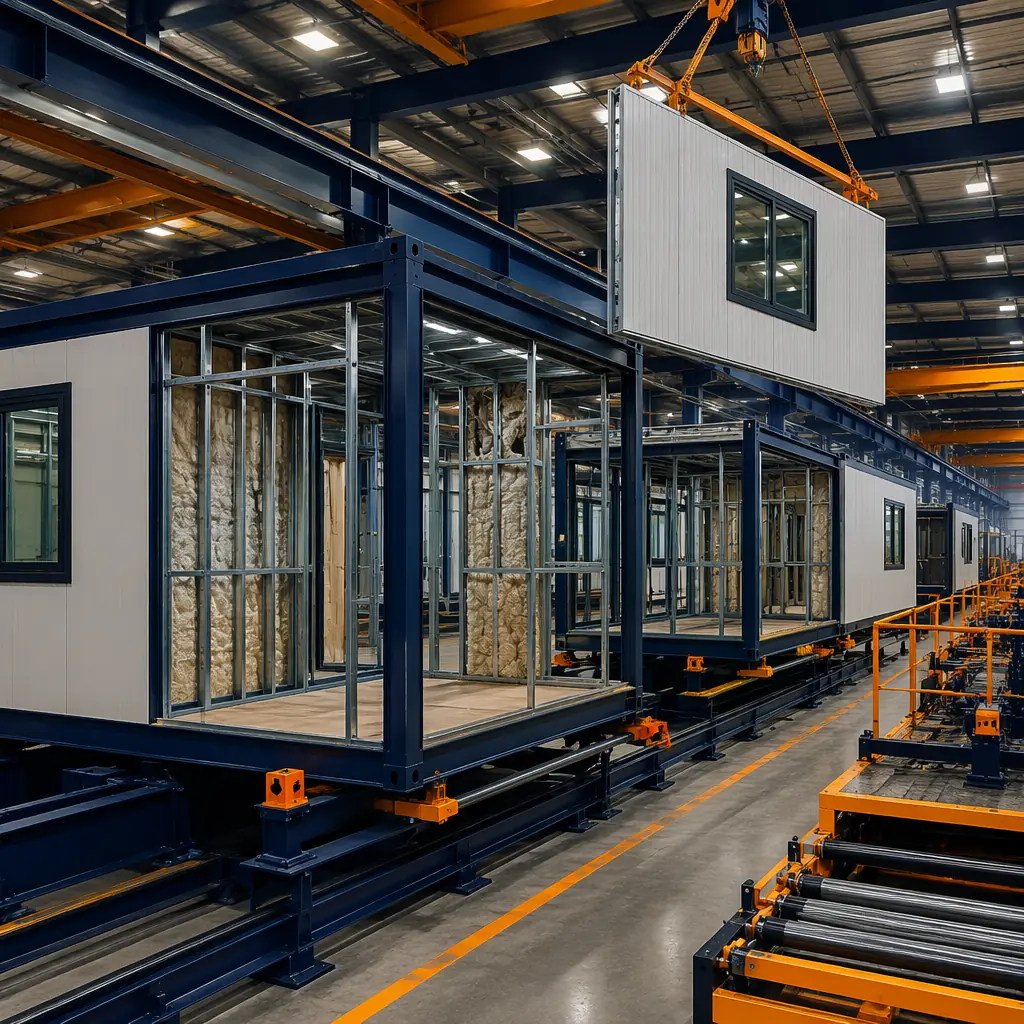 Factory floor with apartment modules in various stages of assembly, wall panels being lifted into place, steel frames visible