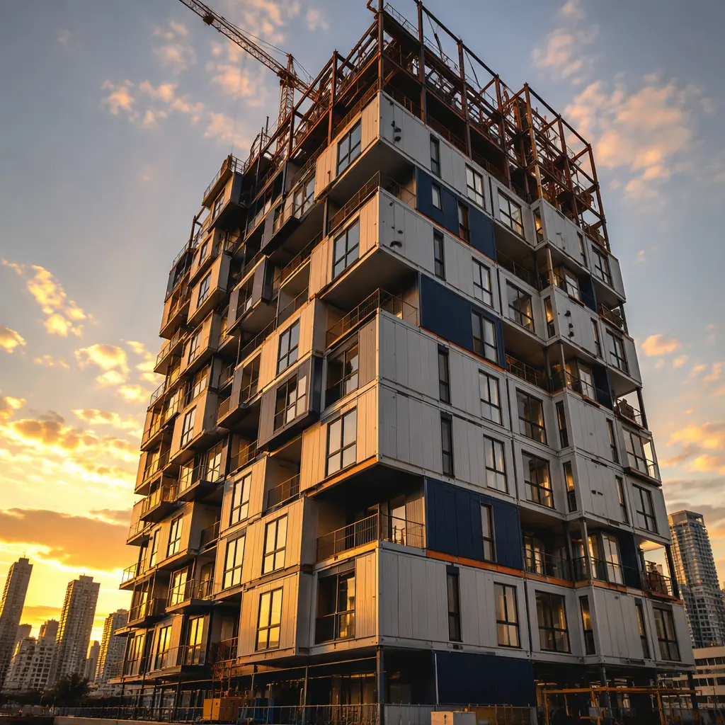 Dramatic angle of modular apartment tower with modules stacked in staggered pattern, golden hour lighting on steel grid facade