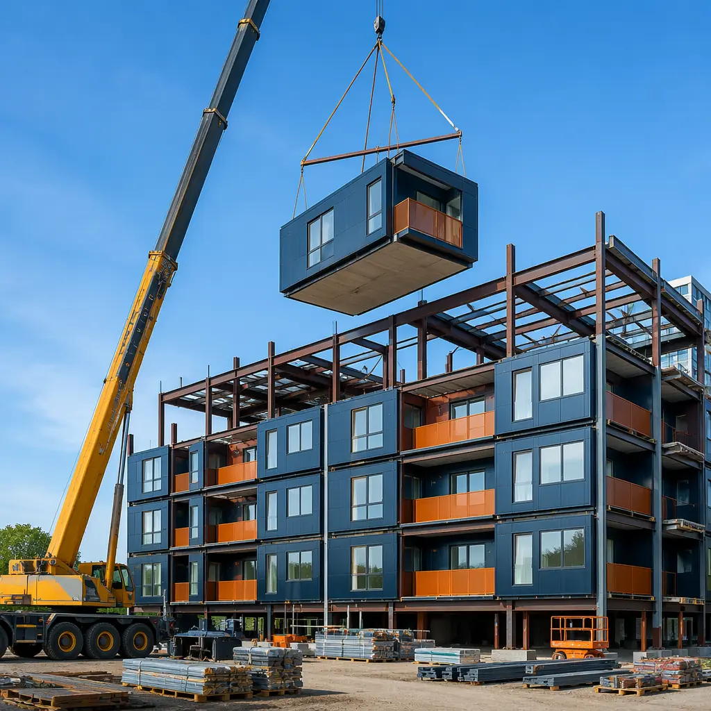 Crane lifting a completed apartment module onto a mid-rise steel frame, construction site with modules staged in background