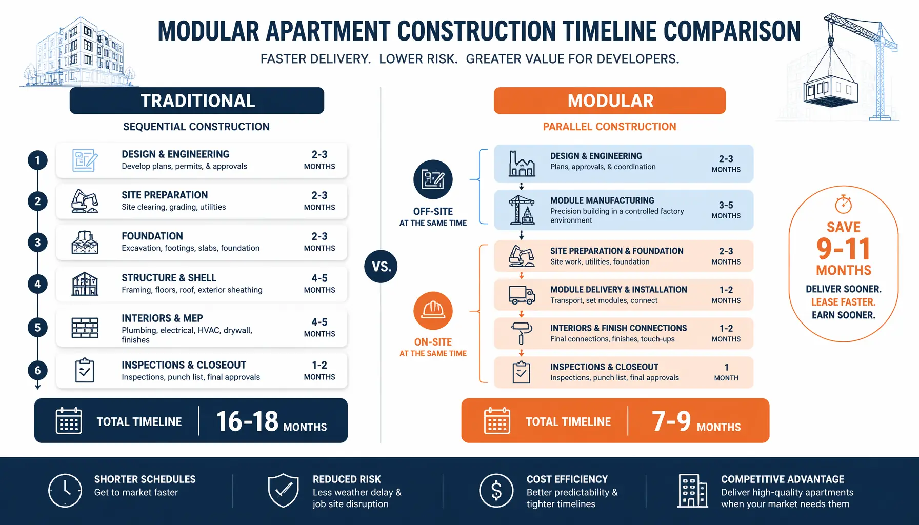 Infographic comparing modular apartment construction timeline (7-9 months) vs traditional construction (16-18 months)