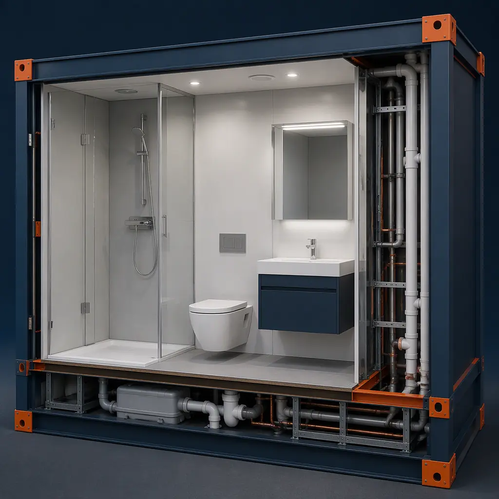 Cross-section render of a bathroom pod showing integrated plumbing rough-in behind tiled wall, floor drainage slope, and ceiling-mounted ventilation duct