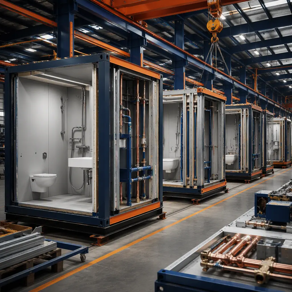 Bathroom pod on factory production line with tiled walls and pre-installed shower tray, surrounded by assembly stations