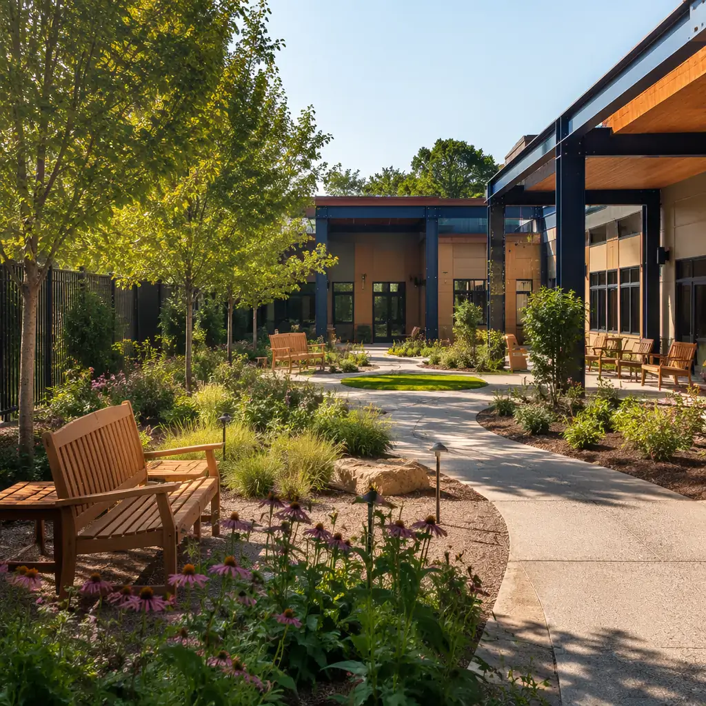 Therapeutic courtyard garden at behavioral health facility, landscaped healing garden with walking paths, native plants, seating areas, secure perimeter fencing designed to not appear institutional, natural light, modular prefabricated healthcare building in background with warm material palette