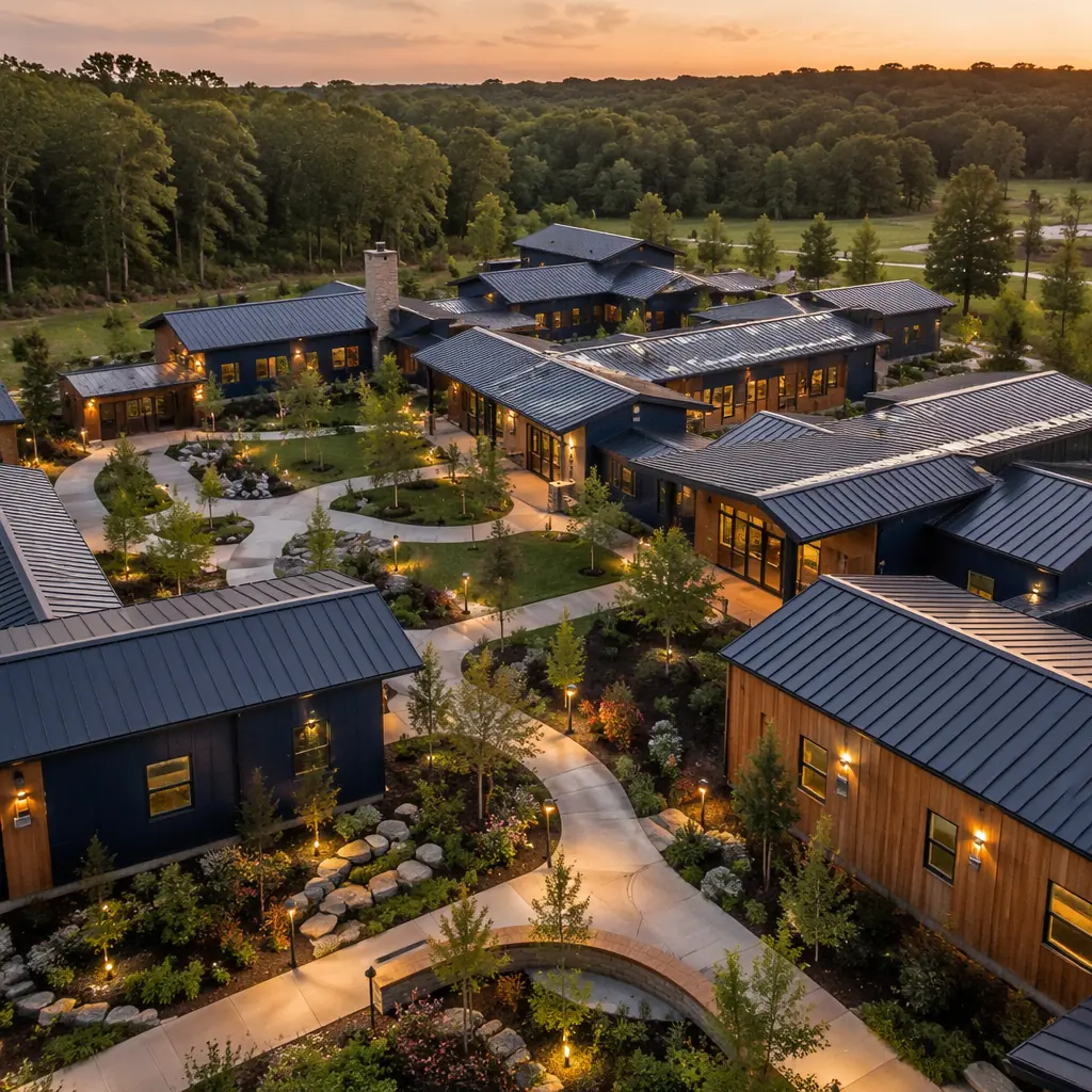 Aerial view of completed modular behavioral health campus, multiple interconnected buildings with residential-scale architecture, landscaped grounds with walking paths and gardens, secure but welcoming environment, steel frame modular construction, dark navy and warm wood material palette, healthcare campus photography