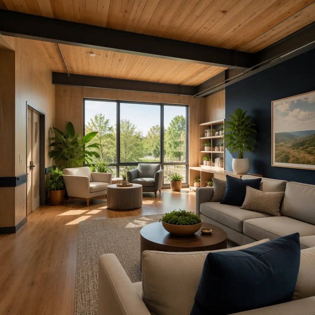 Therapeutic interior of modular behavioral health facility, warm wood tones, natural light from large windows, comfortable seating areas, biophilic design elements with indoor plants, healing environment with residential feel, no institutional appearance, modular prefabricated construction interior