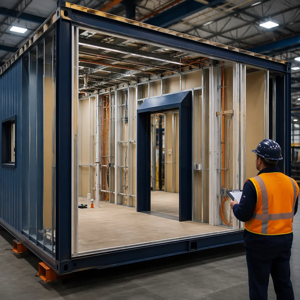 Steel frame modular building module for healthcare facility in factory, interior partition walls and MEP rough-in visible, anti-ligature door frame with sloped top installed, factory quality control inspection in progress, modular construction manufacturing, clean industrial environment