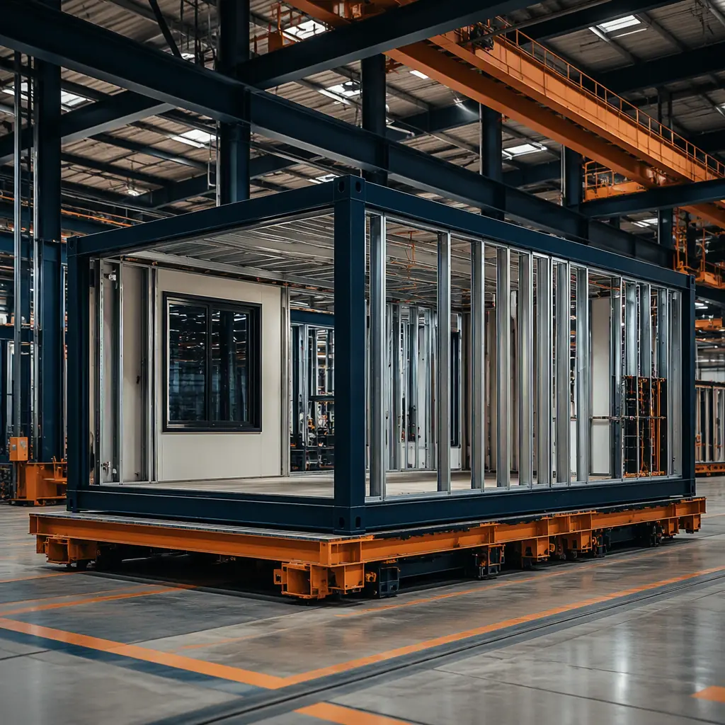 Completed steel frame modular building module on factory floor ready for inspection, module with finished exterior cladding and windows, interior visible through open end showing completed drywall and electrical rough-in, factory quality control inspector reviewing module against specification checklist on tablet, module identification label with project number and destination visible, clean industrial factory environment, module showing factory-complete scope of work that distinguishes modular bids, dark navy exterior cladding with warm steel orange trim details