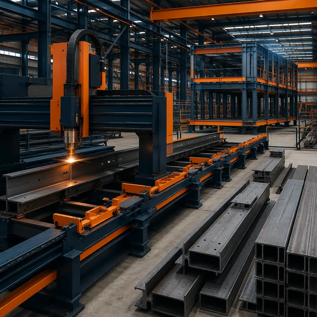 CNC beam line machine cutting structural steel in modular construction factory, automated cutting head following digital model coordinates, steel sections being processed with precision, factory floor with raw steel stock and completed frame components, industrial manufacturing environment