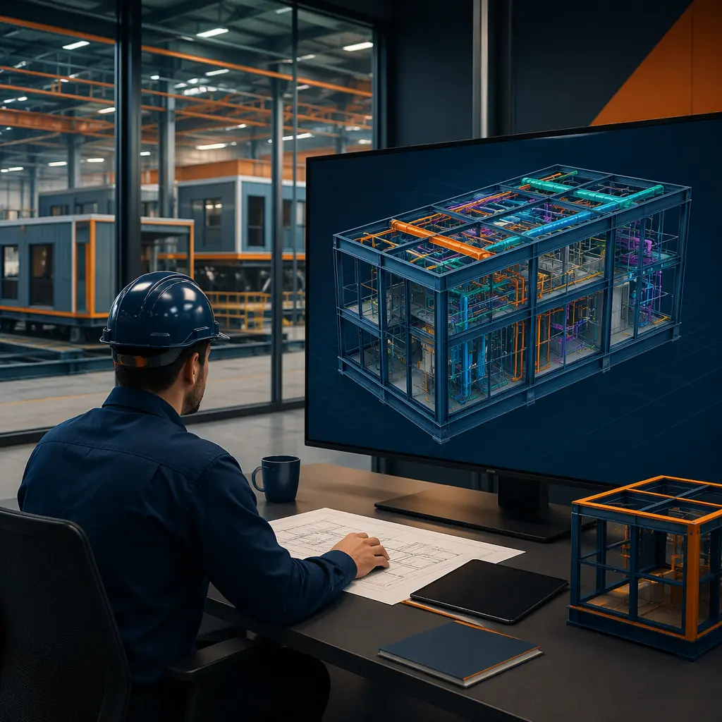 Engineer working with BIM digital model on large display screen in modular construction factory, 3D building information model showing steel frame module with MEP systems color-coded, factory floor visible through glass partition, prefabricated modules in production