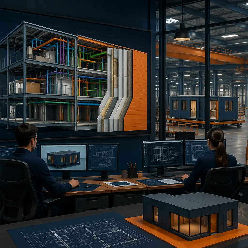 3D BIM digital model of modular building displayed on large screen in engineering office, steel frame structure with color-coded MEP systems visible, cross-section view showing wall assembly layers, engineers reviewing model at workstation with factory floor visible beyond