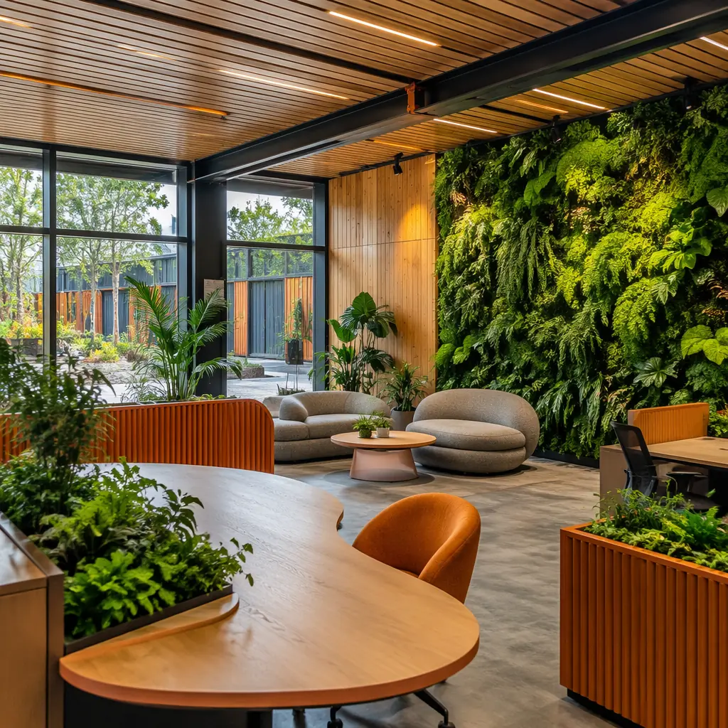 Interior of factory-completed modular office space with extensive biophilic design elements, living green wall spanning full wall with integrated irrigation visible, floor-to-ceiling windows providing abundant natural daylight, natural timber finishes on walls and ceiling, indoor plants integrated into workstations and communal areas, organic form furniture and natural material palette, view to outdoor landscaped courtyard through large windows, warm natural lighting, dark navy structural accents with warm steel orange details, professional biophilic interior design photography