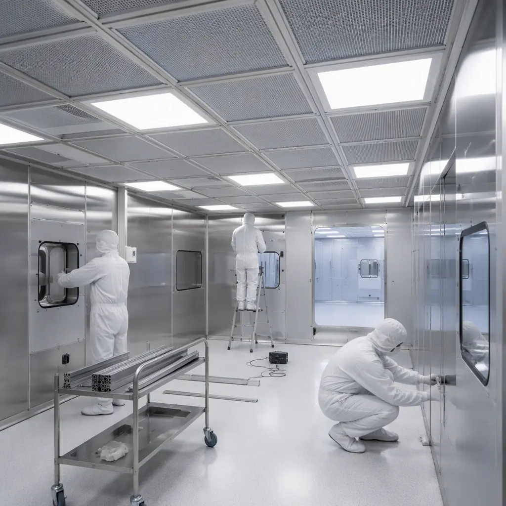 ISO Class 7 cleanroom module under factory construction, HEPA filter ceiling grid with LED lighting panels, stainless steel wall panels with sealed joints, workers in cleanroom garments performing assembly, modular cleanroom environment with blue-white lighting