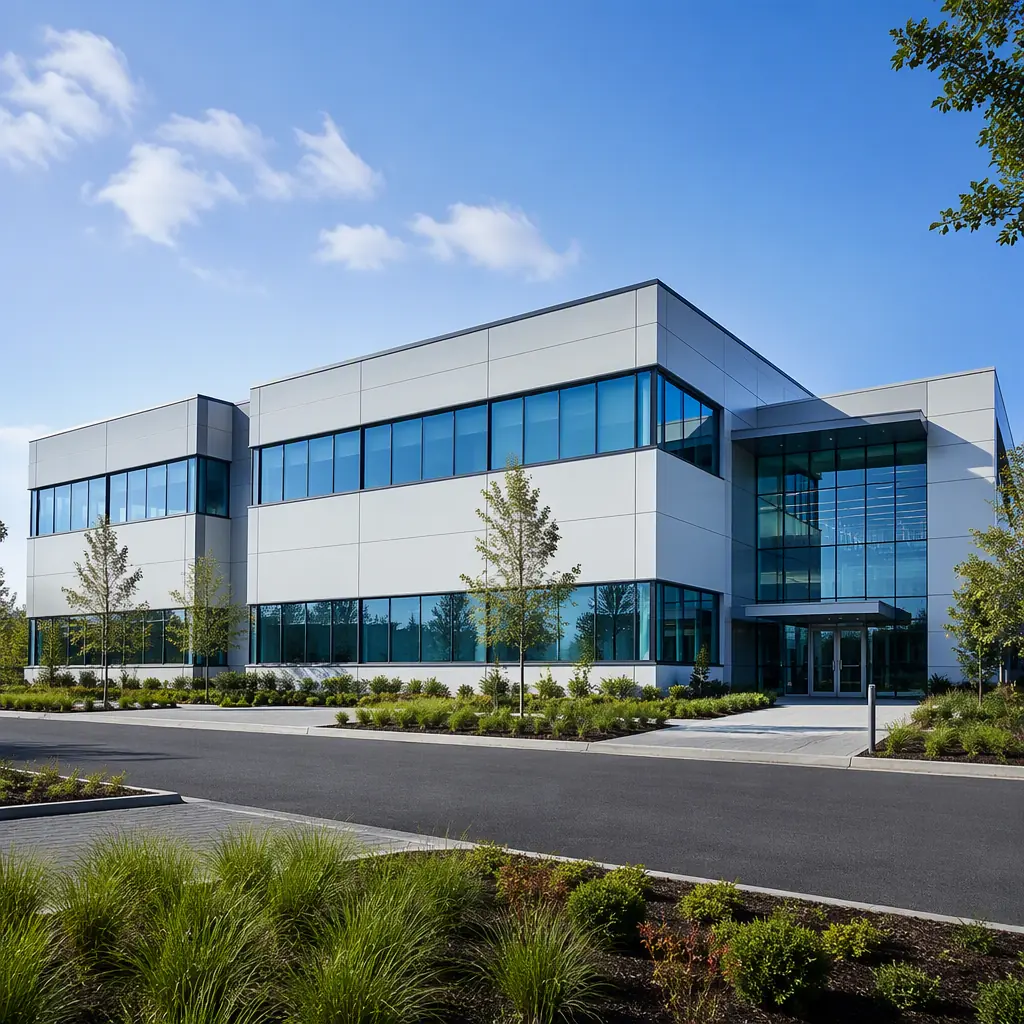 Completed modular biotech research facility, modern two-story building with prefabricated steel frame modules, blue-tinted glazing and clean geometric facade, life sciences campus setting with landscaping and adjacent research buildings