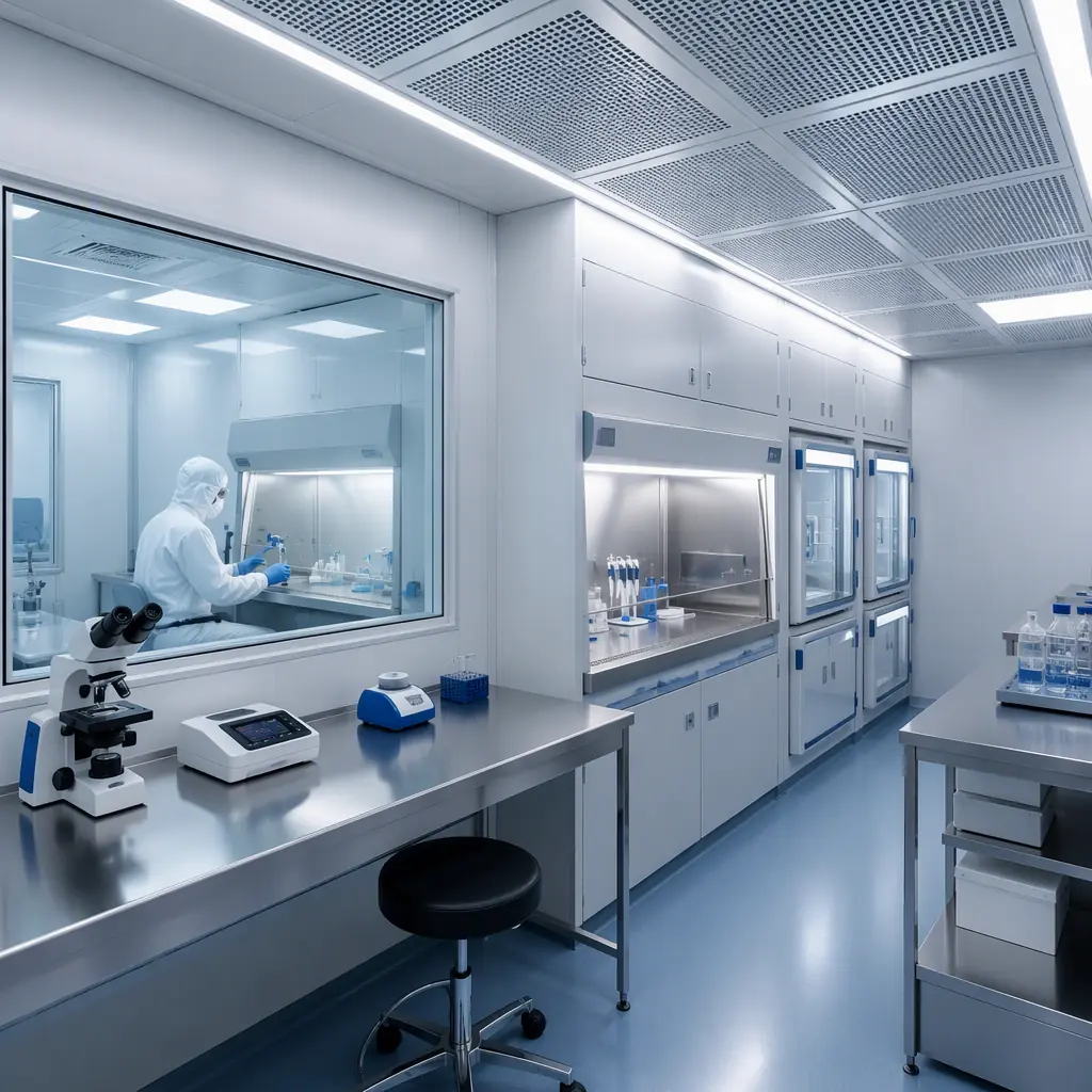 Cell therapy processing laboratory module, biosafety cabinets and incubators integrated into cleanroom wall system, stainless steel work surfaces, HEPA filter ceiling with integrated lighting, laboratory technician visible through window in protective equipment