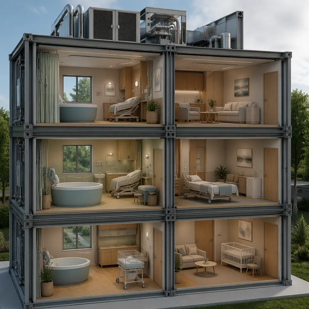 Photorealistic 3D cross-section render of modular freestanding birthing center, showing stacked steel-frame private labour delivery recovery suites with water-birth tubs, postpartum and newborn rooms, quiet HVAC and medical gas, clean healthcare visualization, no text, no labels