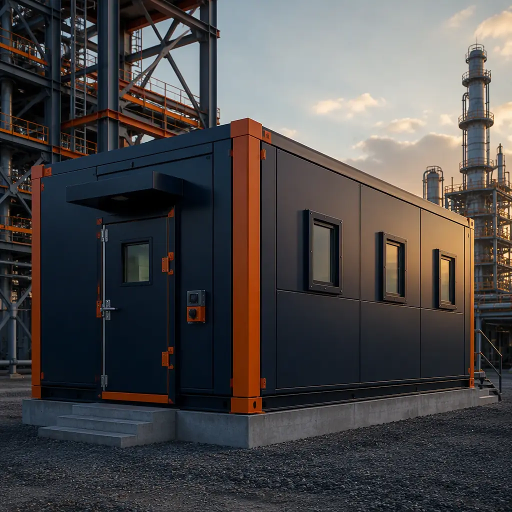 Completed hardened modular control building at an industrial facility, thick-walled prefabricated steel structure with small reinforced windows and secure entrance, set on concrete foundation with blast-rated exterior, industrial plant equipment in background, late afternoon light, professional industrial photography
