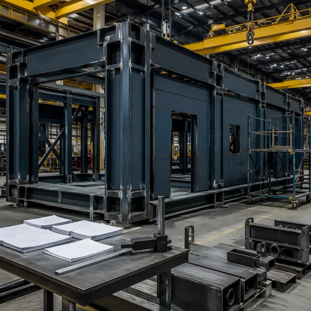 Heavy steel modular building frame with thick plate columns and blast-rated wall panels under assembly inside a large factory, reinforced structural sections with visible welds, quality inspection station with documents, industrial manufacturing facility with overhead gantry cranes, dark navy steel structure
