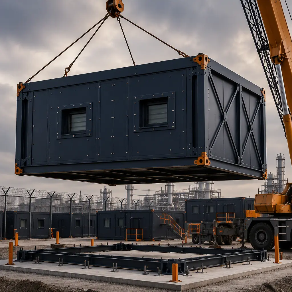 Reinforced steel modular building unit with thick wall panels and small reinforced windows being placed at an industrial site, hardened prefabricated structure with visible steel frame and blast-resistant exterior cladding, heavy equipment in background, industrial security perimeter, dark navy steel with warm steel orange safety accents