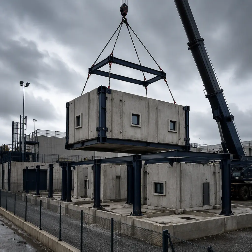 Heavy reinforced modular building modules being craned into position at a secured industrial facility, thick-walled hardened modules with small reinforced window openings, concrete foundation prepared, industrial site with security fencing, module setting operation with rigging crews, overcast industrial environment