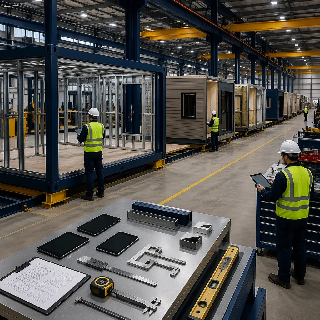 Steel frame modular building modules in various stages of completion on factory assembly line, quality control station with inspection documents, clean organized manufacturing facility with overhead cranes