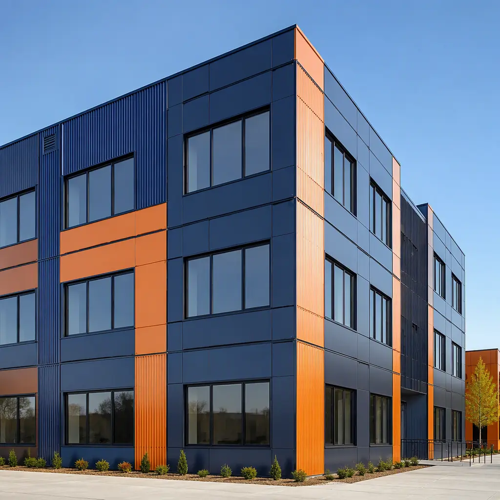 Completed modular building exterior with clean modern geometric facade, steel frame prefabricated construction visible at module seams, multi-story modular structure with dark navy and warm steel orange accent colors, professional architectural photography
