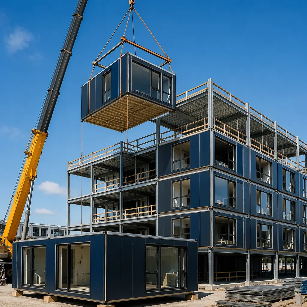 Crane lifting completed modular building unit onto multi-story structure at construction site, prefabricated modules being set in place, clean organized site with module staging area, modern urban construction project