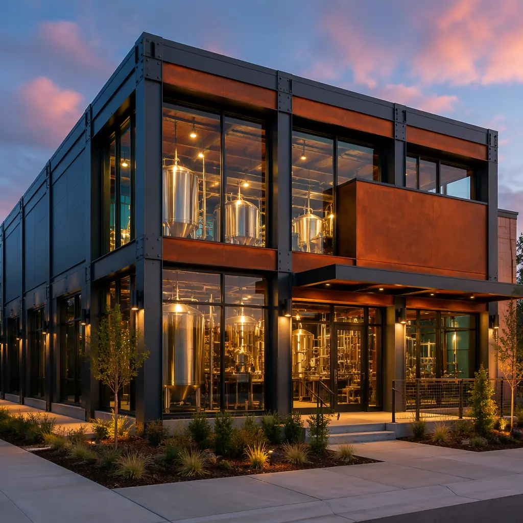 Completed modular craft brewery at dusk, modern industrial building with warm interior lighting visible through glass facade, stainless steel tanks silhouetted against illuminated interior, landscaped exterior with visitor entrance, professional architectural photography, dark navy building exterior, warm steel orange accent elements on entrance canopy and signage, completed and operational facility