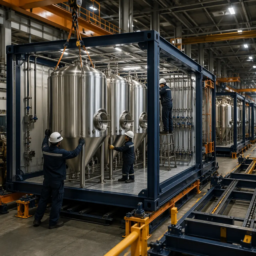 MODURA factory floor showing brewery modules in various stages of assembly, stainless steel vessels being installed into structural steel frames, process piping fabrication area with orbital welding stations, completed fermentation module with tanks and piping ready for quality inspection, clean industrial manufacturing environment, overhead crane moving module section, dark navy and warm steel orange brand colors