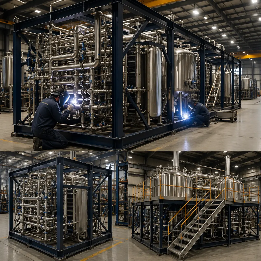 Modular brewery module being craned into position, prefabricated production unit suspended from crane cable, stainless steel tanks visible through open module frame, flatbed transport truck with additional modules in background, construction site with prepared foundation and utility stub-ups, industrial setting, dark navy and warm steel orange brand colors on structural elements