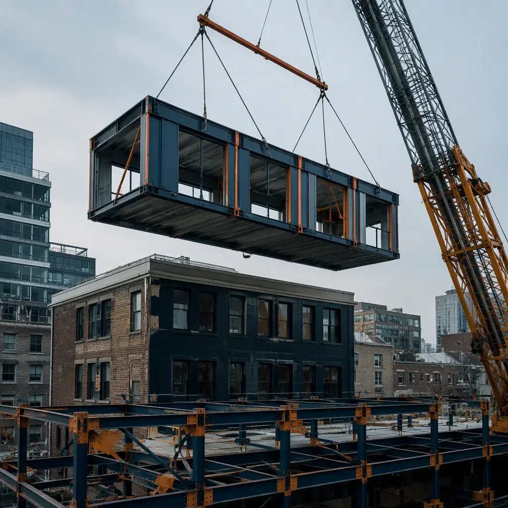 Crane lifting a completed factory-assembled modular building unit over a tight urban construction site, module with pre-installed windows and facade panels suspended above narrow alley between existing buildings, constrained site with limited laydown area visible, just-in-time module delivery, clean construction site with minimal on-site activity, steel frame module clearly visible during lift, dark navy structural elements, warm steel orange safety markings on crane rigging