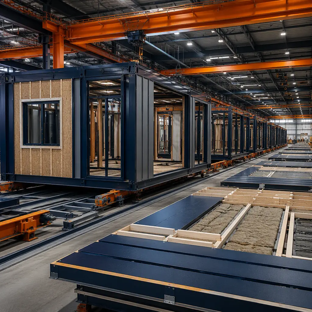 Inside modular prefabricated construction factory, steel frame modules in various stages of completion on assembly line, workers installing wall panels and MEP systems inside modules under controlled factory conditions, module with pre-installed windows and finished interior visible, overhead crane moving completed module, clean industrial environment with quality control stations, dark navy structural steel on module frames, warm steel orange safety markings on factory floor