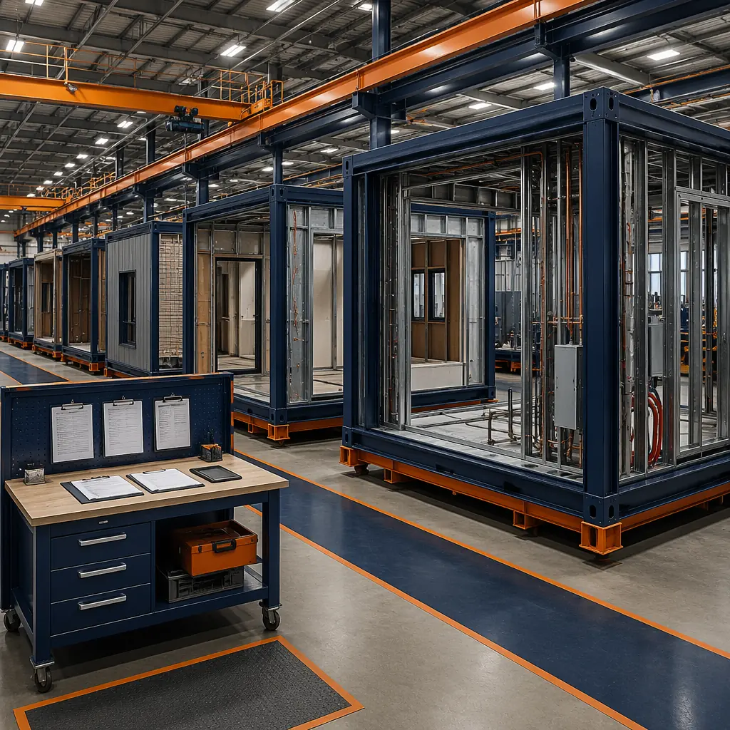 Factory floor showing modular construction units at various stages of completion, steel frame modules with pre-installed MEP systems, quality control station with checklist documentation, organized manufacturing workflow, industrial ceiling with overhead crane rails