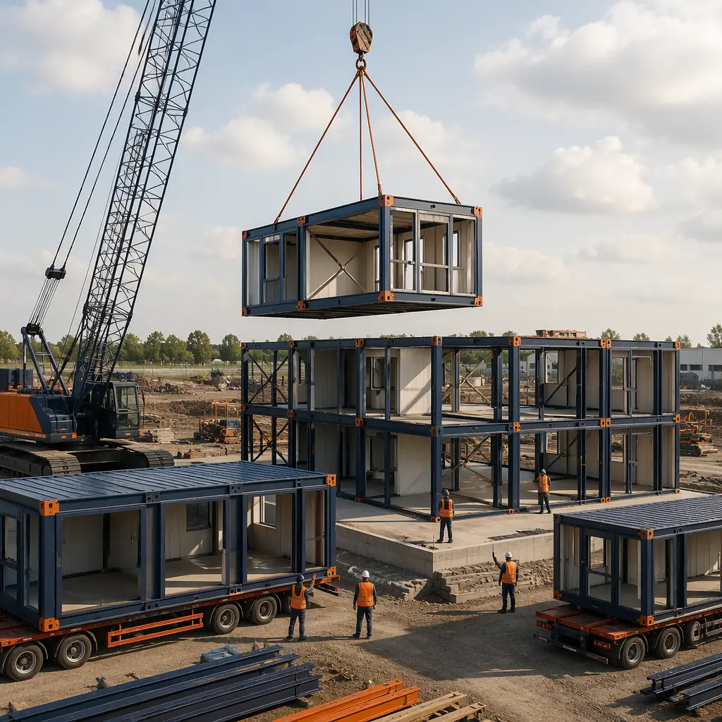 Crane lifting modular building unit onto prepared foundation at construction site, multiple steel frame modules already in position, construction crew coordinating installation, clear blue sky, organized construction site with modules staged on flatbed trailers nearby